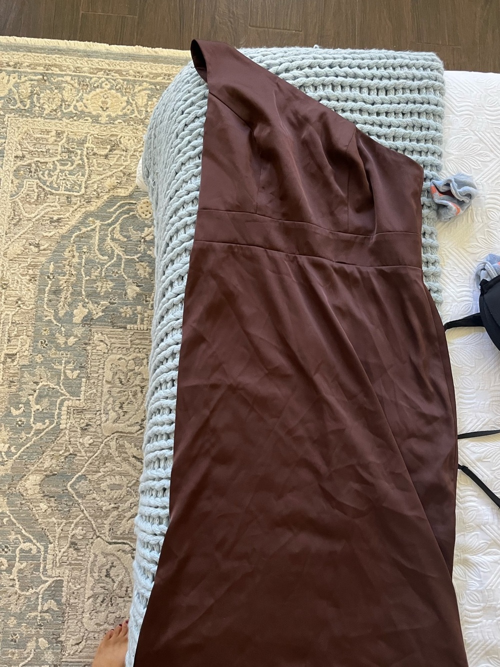 Azazie One-Shoulder Satin Slip Dress in Gnache Brown